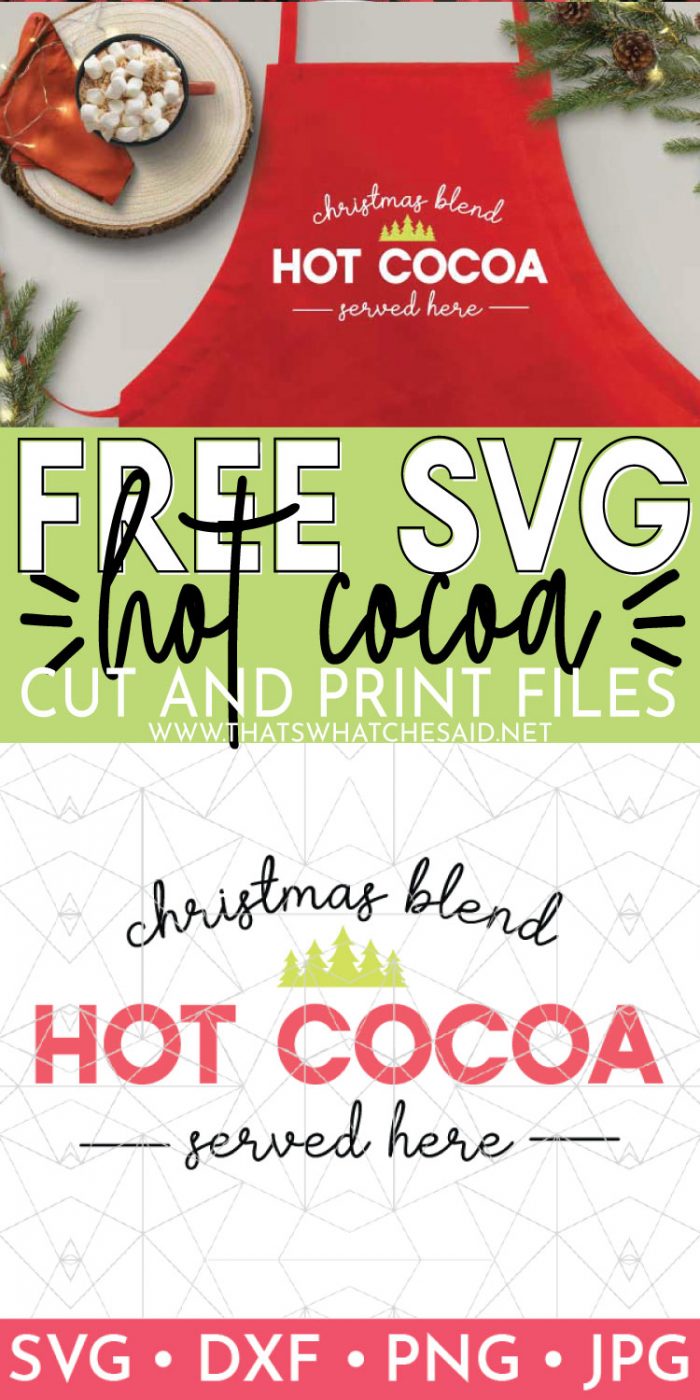 Pin image of hot cocoa apron on top and hot cocoa svg on the bottom