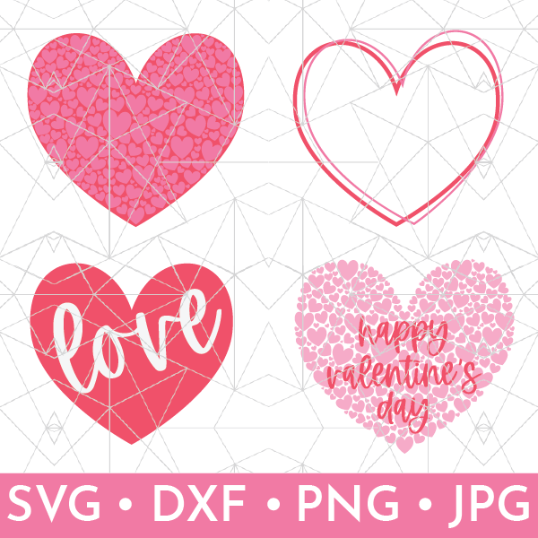 Vector Depiction of 4 heart valentine SVG designs listed in shop