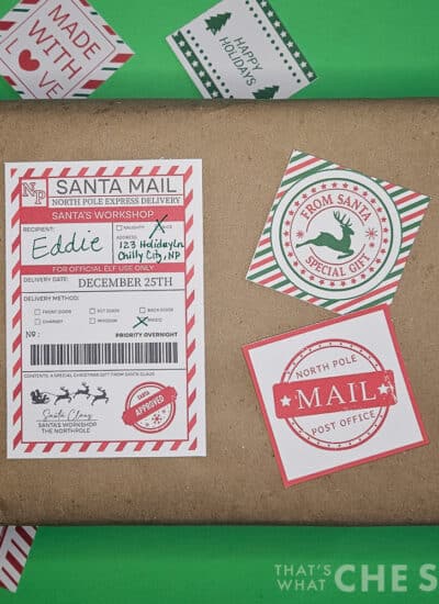 North Pole Shipping Labels and shipping stickers free printable placed on brown box