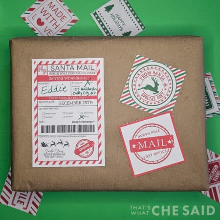 North Pole Shipping Labels and shipping stickers free printable placed on brown box