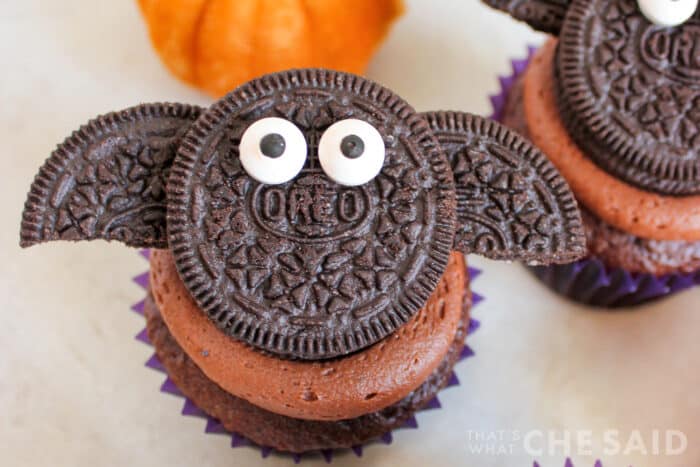 Halloween Cupcakes with chocolate icing and Oreo bats