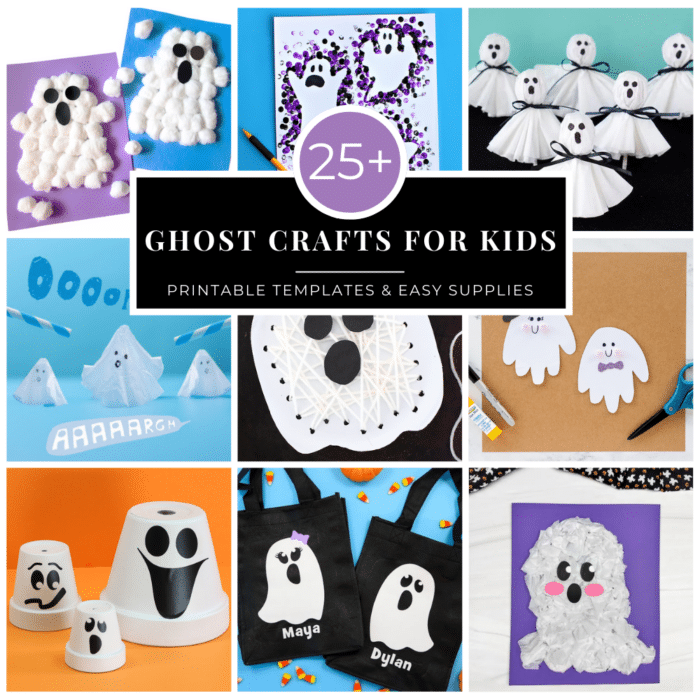 Collage of over 25 Ghost Crafts for kids in Square orientation