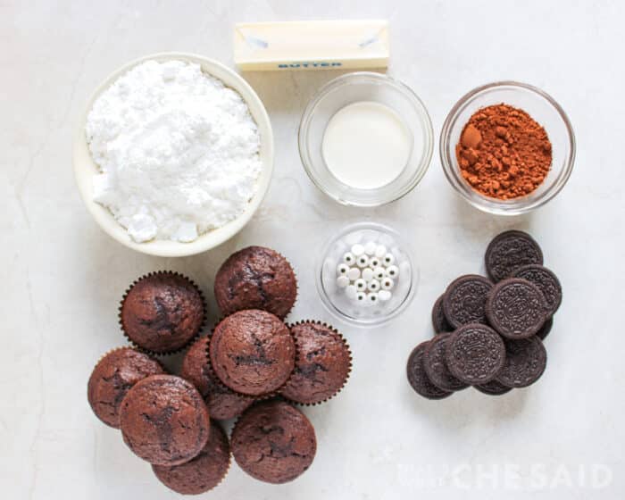 Ingredients for chocolate buttercream frosting for bat cupcakes