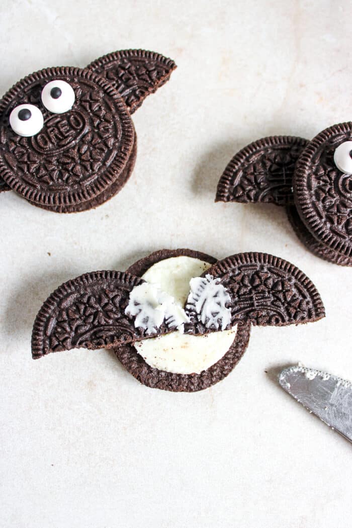 Adding cookie wings to an oreo to make a bat