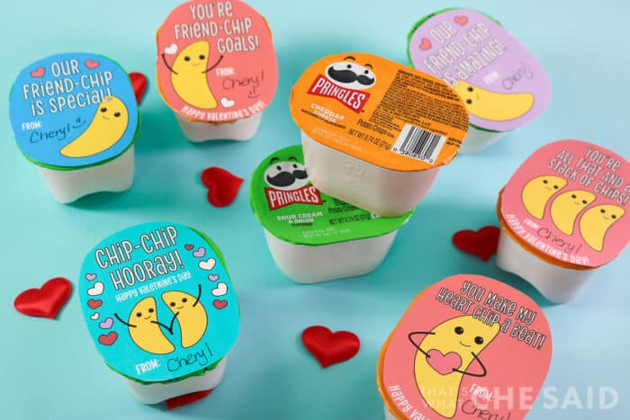 Pringle Valentines made from small pringle snack packs